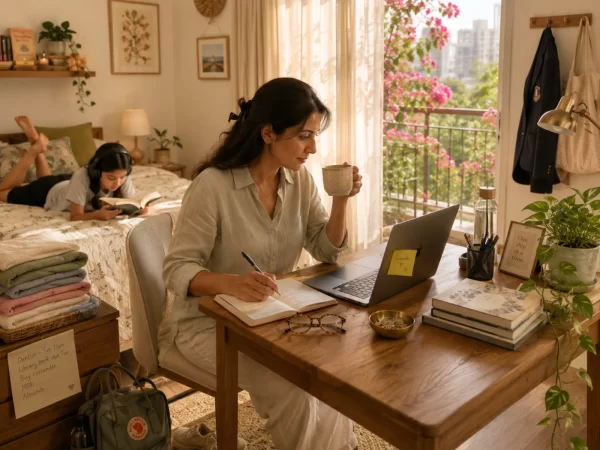 Woman working from home at a cozy bedroom desk with tea, notebook, and laptop while a child reads on the bed behind her, illustrating work from home productivity in a real home setting.