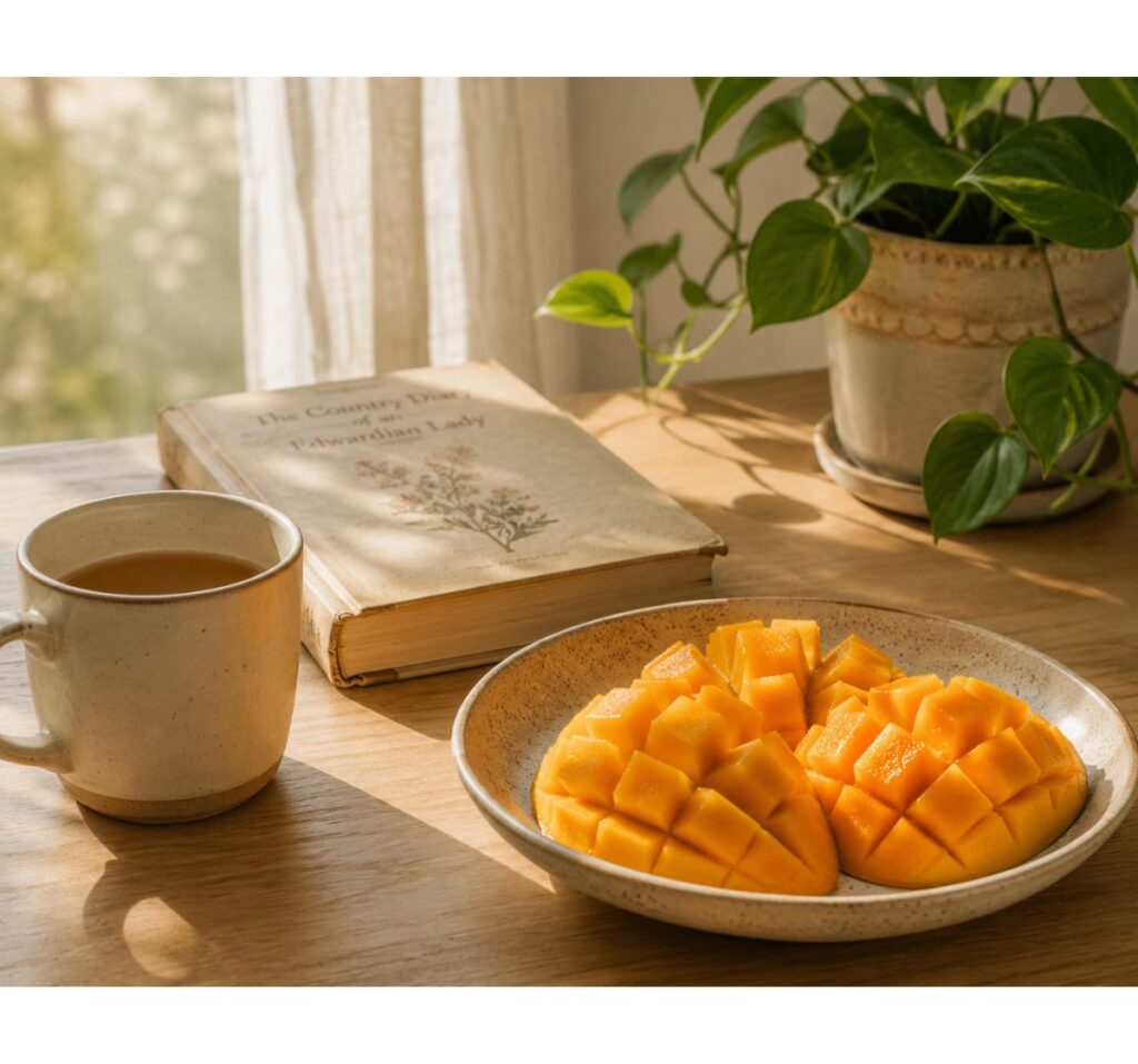 A bowl of freshly cut mangoes on a sunlit wooden table, alongside a cup of tea and an open book. Warm natural light creates a calm and cosy moment at home during mango season.