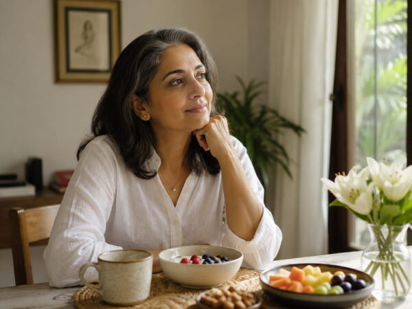 Midlife Indian woman enjoying a protein-rich breakfast at home