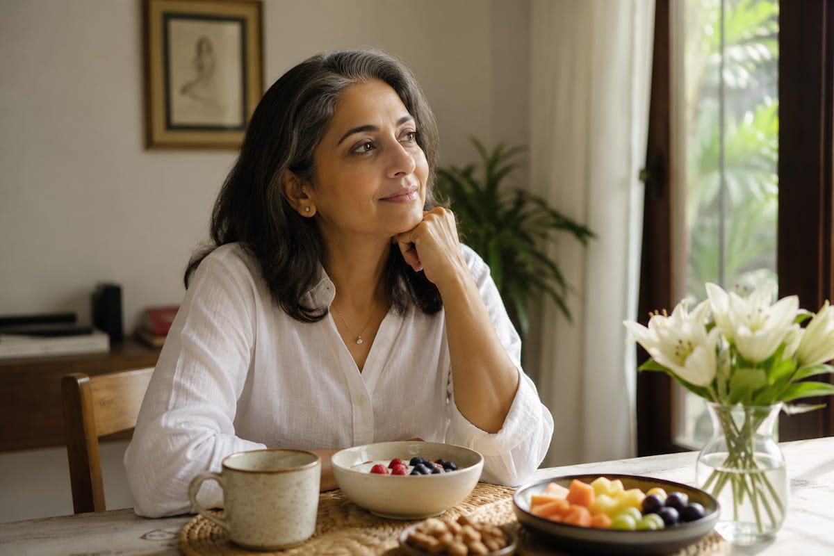 Midlife Indian woman enjoying a protein-rich breakfast at home