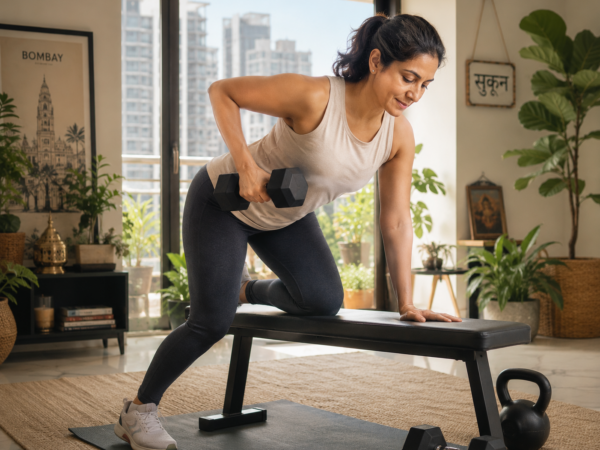 Woman in her 40s doing a dumbbell row workout at home in a bright apartment with indoor plants.