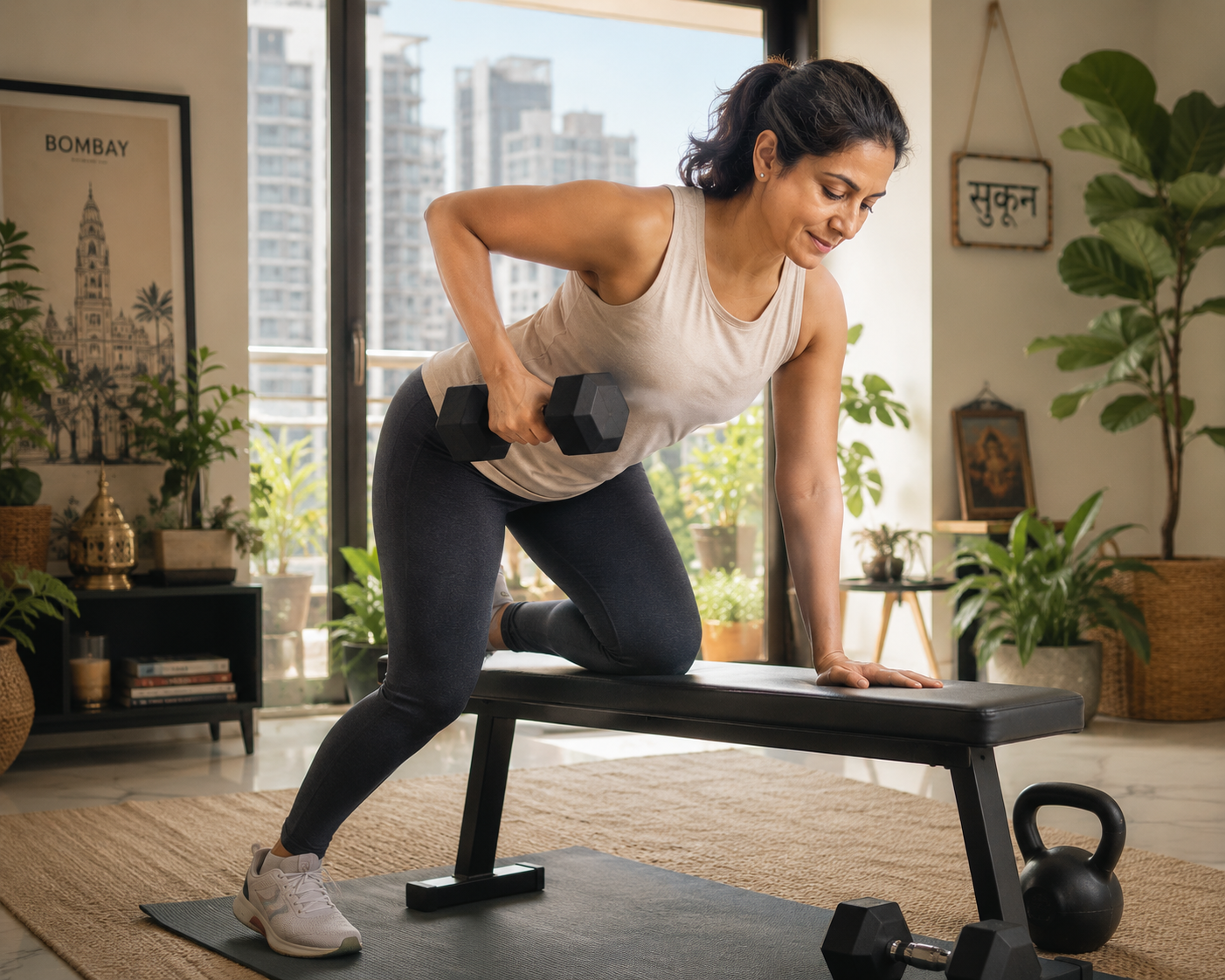 Woman in her 40s doing a dumbbell row workout at home in a bright apartment with indoor plants.