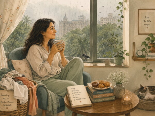 Illustrated woman enjoying a quiet moment with chai during the Mumbai monsoon, sitting by a rain-covered window with a basket of laundry beside her.