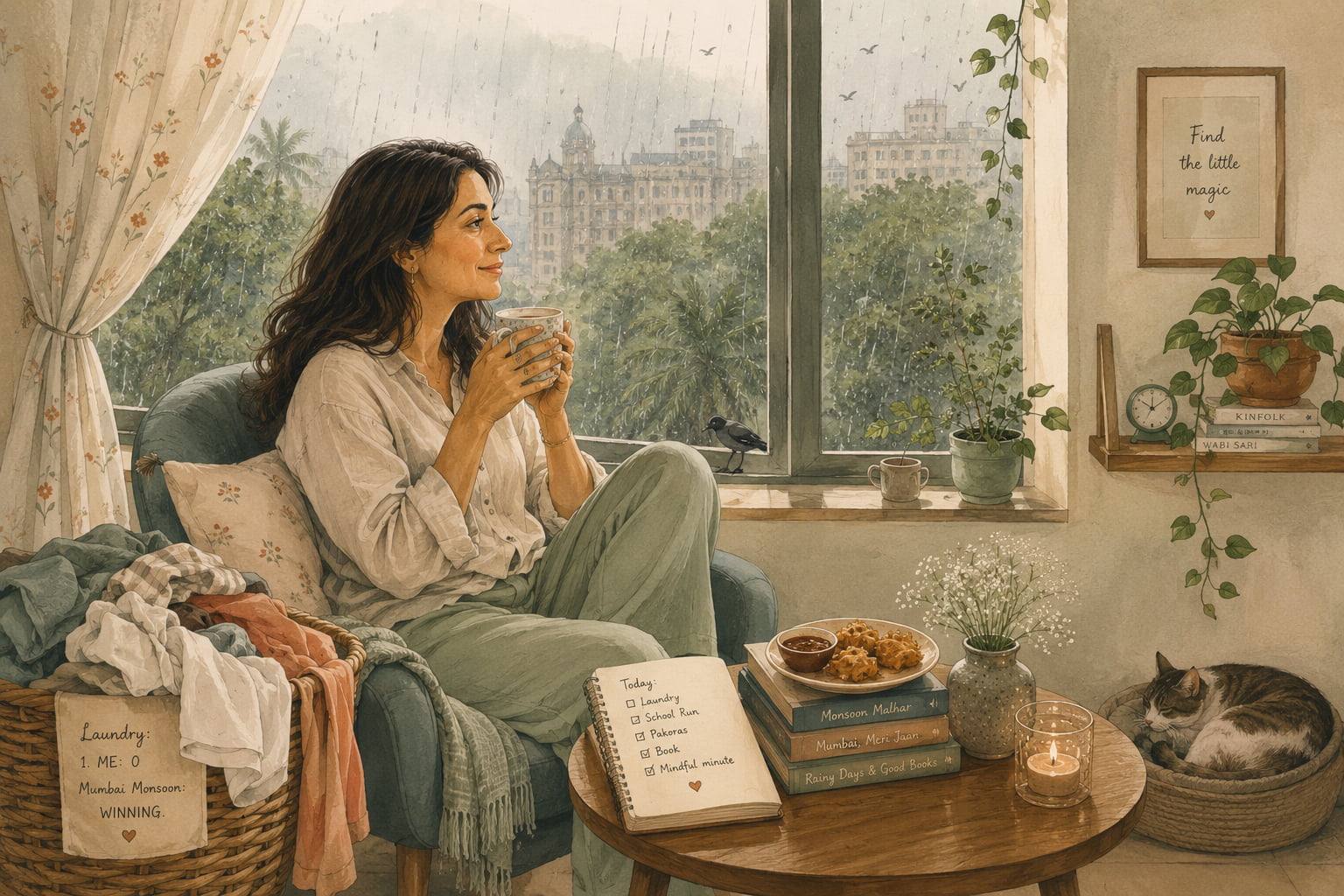 Illustrated woman enjoying a quiet moment with chai during the Mumbai monsoon, sitting by a rain-covered window with a basket of laundry beside her.