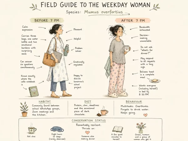 Hand-drawn illustrated field guide titled "Weekday Woman – Species: Mumus Overfortius", showing a humorous comparison of a busy working mother before and after 7 PM.