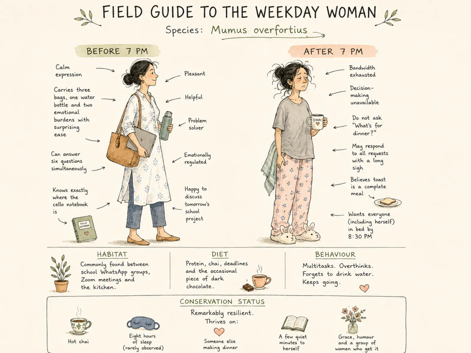 Hand-drawn illustrated field guide titled "Weekday Woman – Species: Mumus Overfortius", showing a humorous comparison of a busy working mother before and after 7 PM.